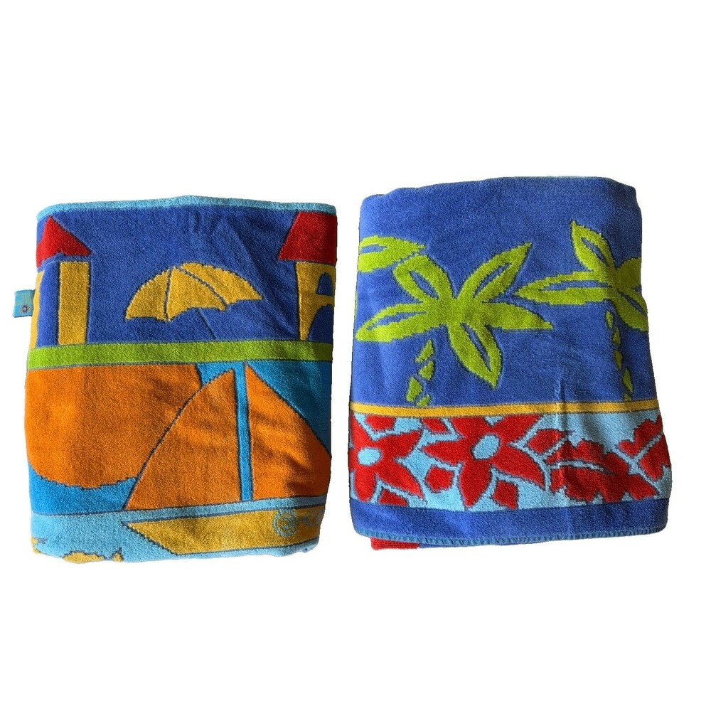 VTG Set of 2 90's Terrisol  Sailboats & Palm Trees Oversized Beach Towel 37x66"